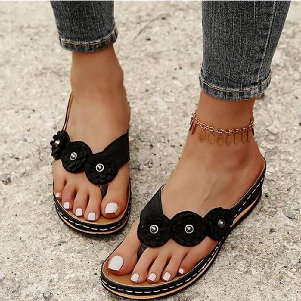 Black Floral Wedge Flip Flops